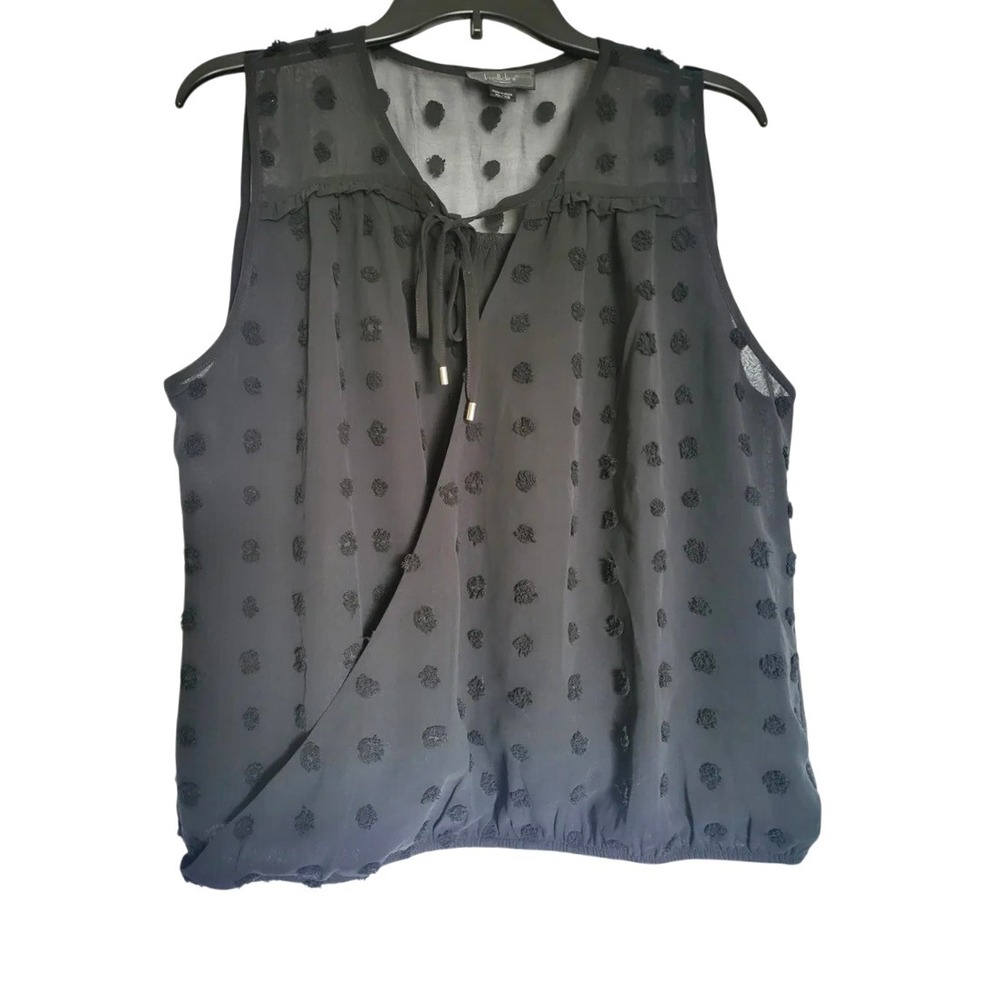 Belldini Womens Black V-Neck Sleeveless Swiss Dot Chiffon Tie‎ Front Top XL NWOT